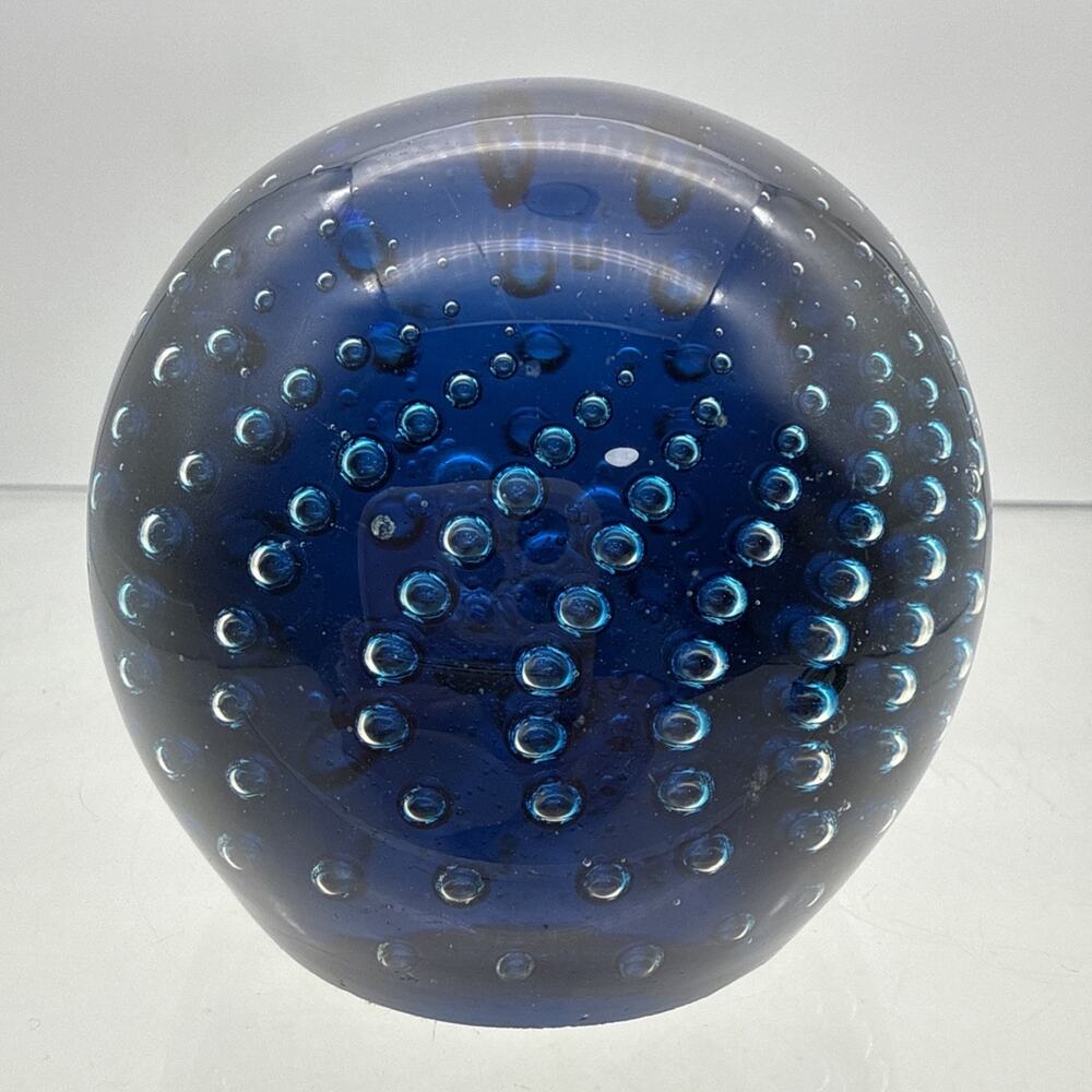 Vintage Murano Blue Art Glass Paperweight Bullicante Controlled Bubble - Flaws